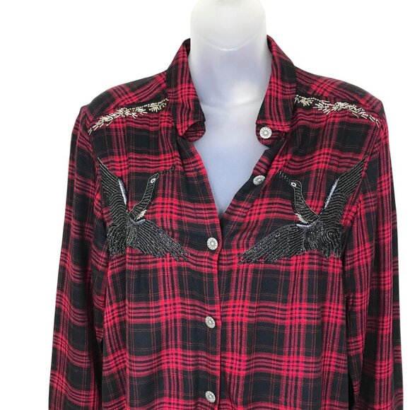The Kooples Black & Red Plaid Button Down Shirt With Studs & Bead Work Size XXS - Picture 1 of 6